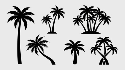 Fototapeta premium Collection of black silhouette palm tree illustrations in various shapes and sizes on a light background, representing tropical and vacation themes.
