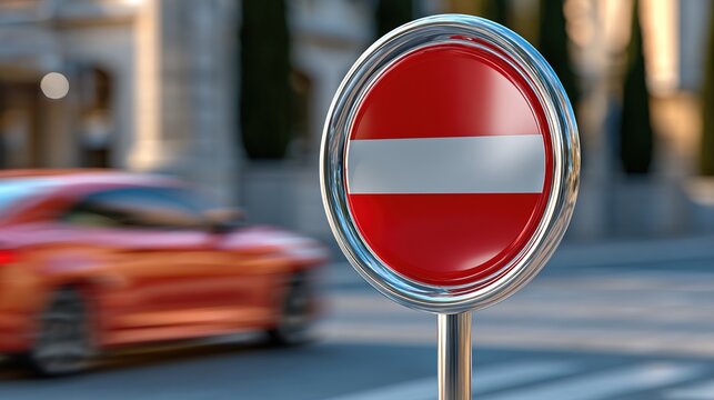 No Entry: A close-up shot of a red and white no entry sign, with a blurred car in motion in the background. Illustrating the regulation of traffic flow and order on the road