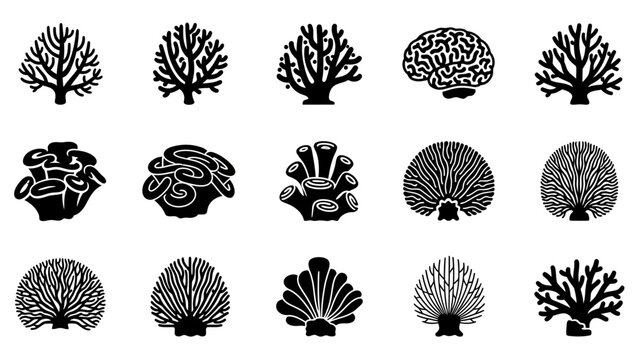 Set of black coral and brain abstract silhouettes in various shapes and styles for artistic design
