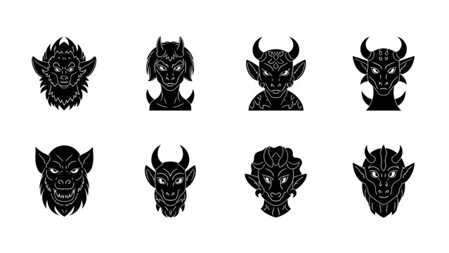Set of eight black and white mythical demon and creature icons illustrating various fierce,