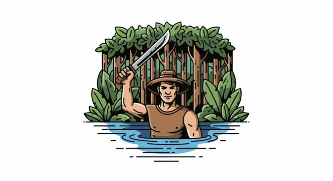 Man with machete in jungle water