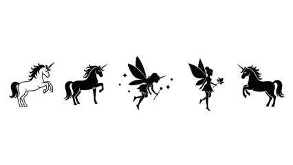 Fototapeta premium Set of five whimsical fantasy silhouettes featuring unicorns and fairy characters in black and