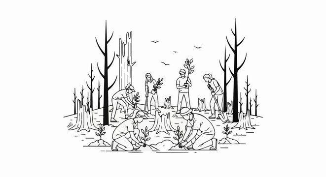 People planting saplings in a deforested area