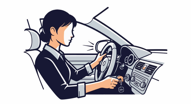 Person driving a car, turning key in ignition to start engine