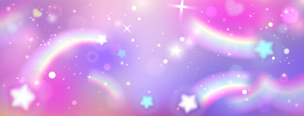 Obraz premium Cute unicorn background with rainbow sky, pastel stars and magical sparkles. Vector realistic illustration of dreamy fairy tale scene, pink clouds and glitter for princess designs, fantasy cloudscape