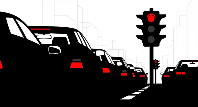 Traffic Jam Red Light Cars Silhouette.