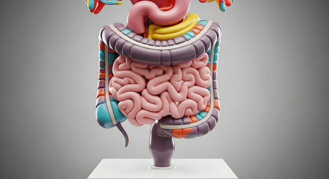 Digestive system model with intestines stomach and other organs on a gray background