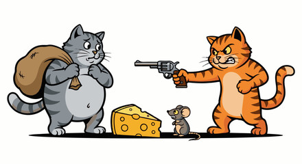 Obraz premium Cartoon cats and mouse in a standoff over cheese