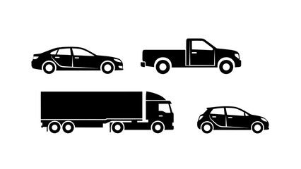 Fototapeta premium Simple black and white icon set of various vehicle types including a sedan pickup truck and