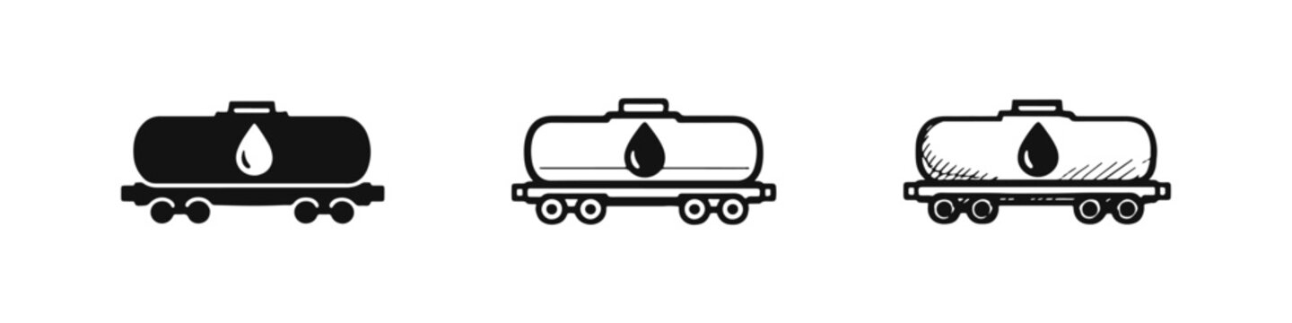 Oil tank car icon set for railway transportation of fuel and crude oil in various styles and applications.