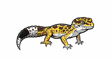 Obraz premium A yellow leopard gecko with brown spots and a banded tail on a white background
