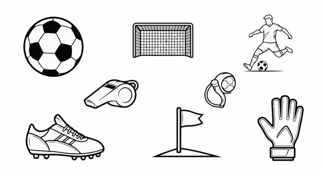 A collection of illustrated soccer equipment including a ball, goal, player, shoe, whistle, flag and glove