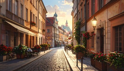 Obraz premium A cobblestone street in a European city basks in warm sunlight, flanked by buildings with awnings and vibrant flower boxes