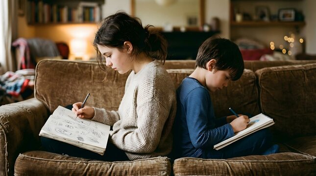 Two children sitting on couch doing homework.