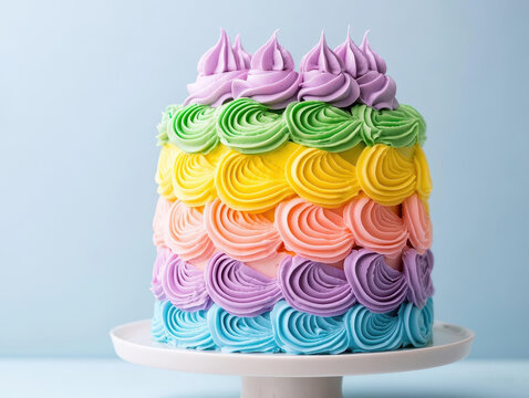 Innovative colorful cakes with layered design and swirl shape frosting create visually appealing and delicious dessert perfect for celebrations