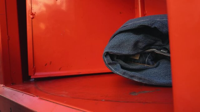 A woman donating old clothes into a recycling container. Close-up of a hand placing garments into a collection box, representing sustainable fashion, textile recycling, charity donation and eco