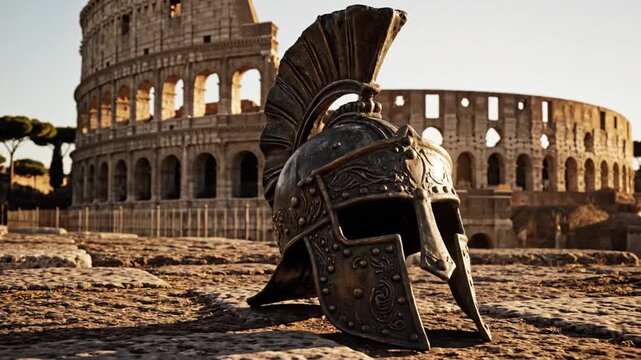 Ancient Roman Gladiator Helmet Stands Before Colosseum Ruins