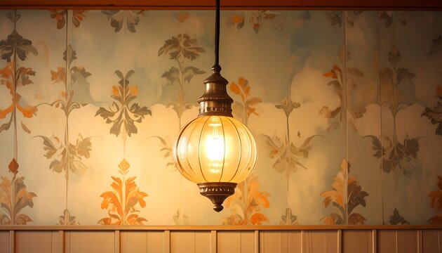 A hanging light illuminates a floral patterned wall, with wooden trim beneath. The glow reveals details of the vintage fixture