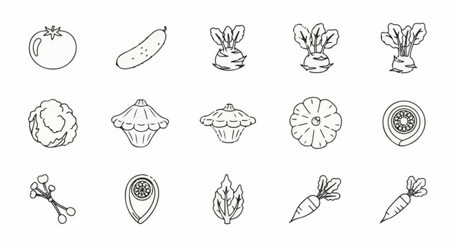 A collection of hand-drawn vegetable icons, including root vegetables, gourds, and leafy greens