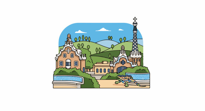 Whimsical park scene with colorful buildings and a lizard