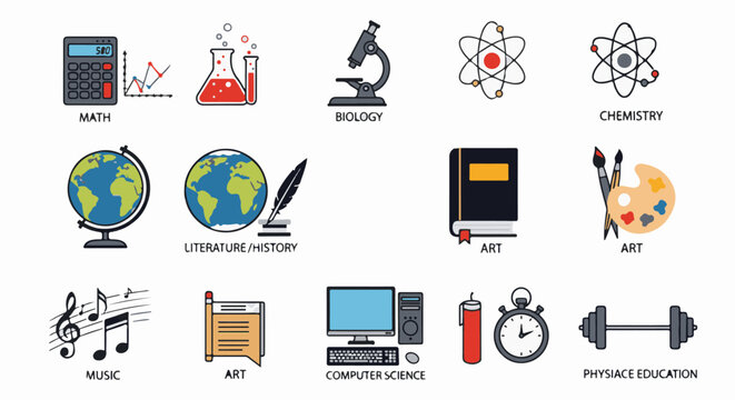 A collection of educational and subject icons, including science and arts