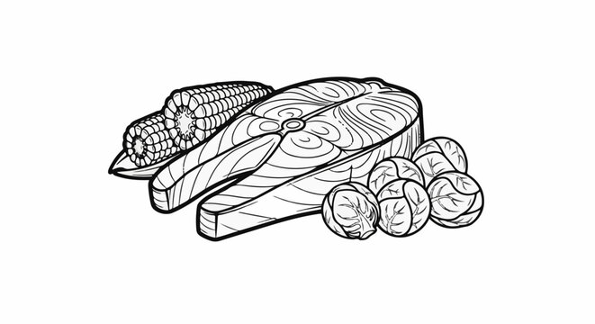 A black and white drawing of a raw salmon steak with corn and Brussels sprouts