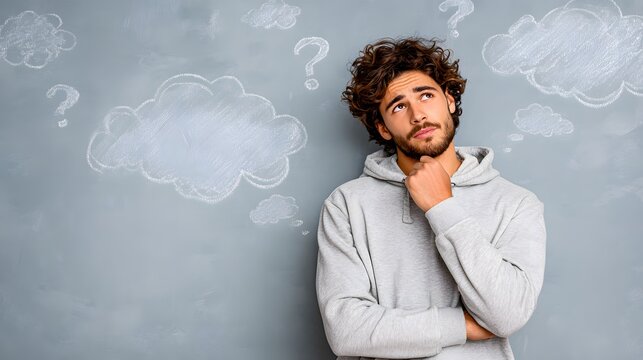 Thoughtful young man in hoodie looking up at chalk clouds and question marks, dreaming, planning, finding solution and ideas
