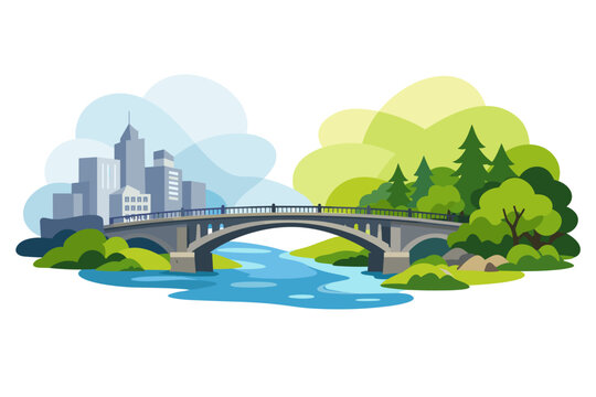Bridge connecting city and nature with river and trees.