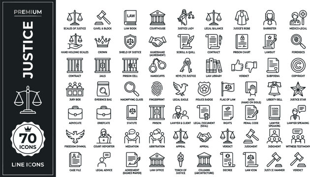 A collection of premium line icons depicting various justice and law symbols on a white background Ai, eps, jpg, transparent background, eps