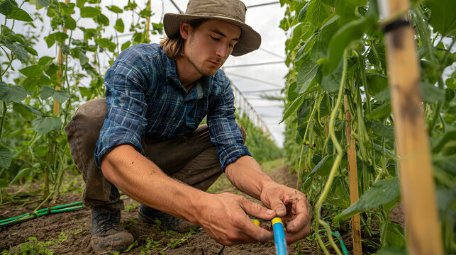 Farmer using soil tensiometer in field of beans, wearing hat and plaid shirt, surrounded by green plants. scene conveys dedication and focus in sustainable agriculture