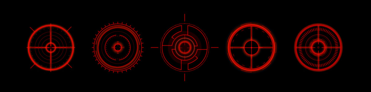 Futuristic HUD target interface with circular radar display, abstract vector set of icons isolated on black background. High-tech neon red graphic elements for sci-fi games, military system