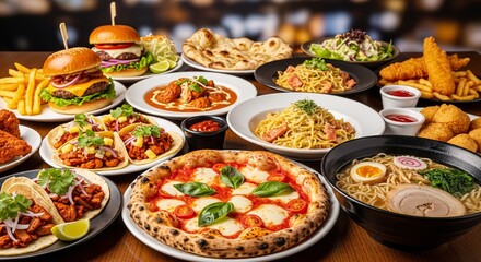Obraz premium Variety of international fast food dishes.