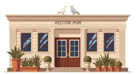 Elegant Building Facade with Classical Architecture and Potted Plants. © Izas ganis