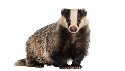 European badger with black and white striped face, isolated on transparent background © Emilia