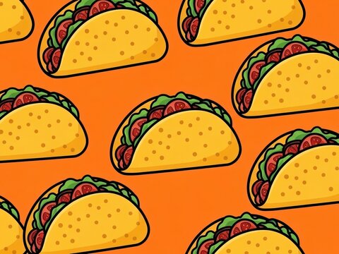 Pattern of cartoon tacos with fillings on an orange background