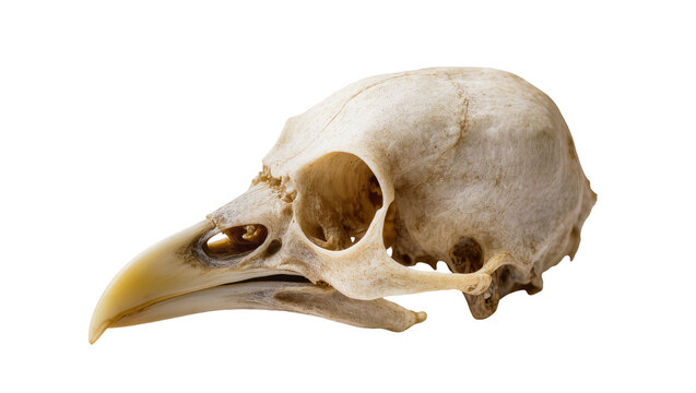 Detailed bird skull with sharp beak, isolated on transparent background