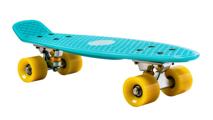 Turquoise penny board with yellow wheels, isolated on transparent background © Emilia