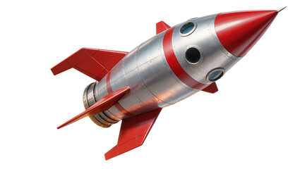 Retro silver and red rocket ship with fins, isolated on transparent background © Emilia
