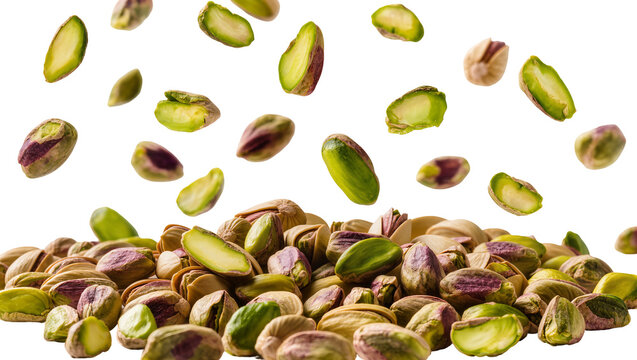 Pile of shelled and unshelled pistachios falling, isolated on transparent background
