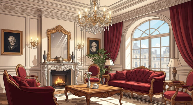 Elegant antique living room with ornate fireplace and velvet furniture.