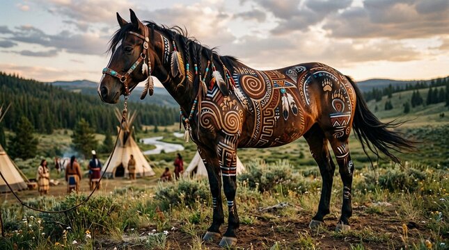 Brown Horse with Traditional Markings Standing Near Native Tipis