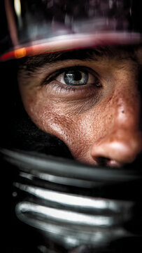 Close up portrait of motorsport driver inside helmet, man blue eye showing intense focus, concentration and determination