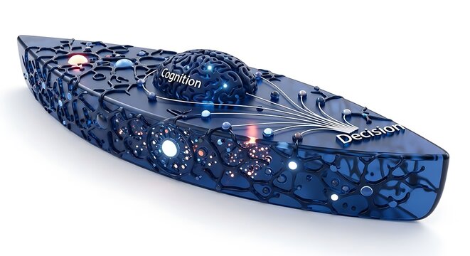 A conceptual 3d illustration showing the progression from human brain cognition to final decision