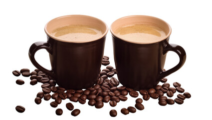 Obraz premium Two dark brown coffee cups filled with frothy beverage surrounded by roasted coffee beans, isolated on transparent background