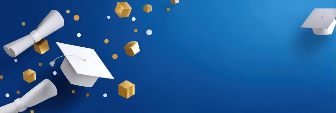 graduation web banner, modern, minimalist web banner for a graduation portal with sleek geometric motifs against a sapphire blue background