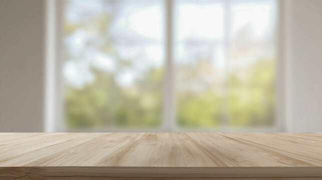An empty wooden countertop in the foreground, with a blurred large window and soft daylight in the background. A background for product presentations, cooking, and advertising banners.