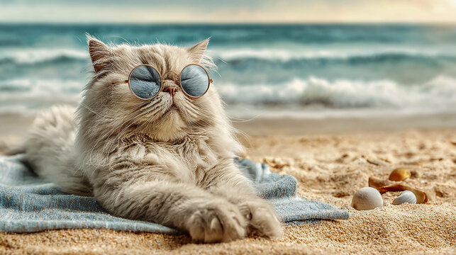 A fluffy cat wearing sunglasses is lying on a towel on a sandy beach in front of the waves, with its paws stretched out.