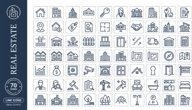 Collection of real estate icons and symbols for property and housing concepts in a line style design