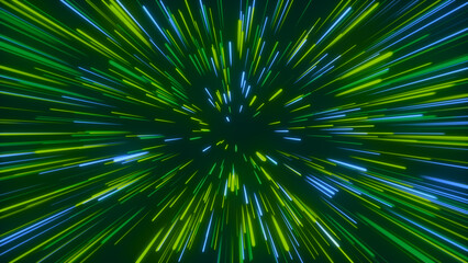 Obraz premium Abstract space travel in Green and Blue neon glow colors