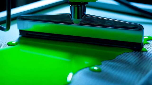 Industrial printing machine applying bright green liquid coating onto material surface with precision roller system in modern manufacturing process